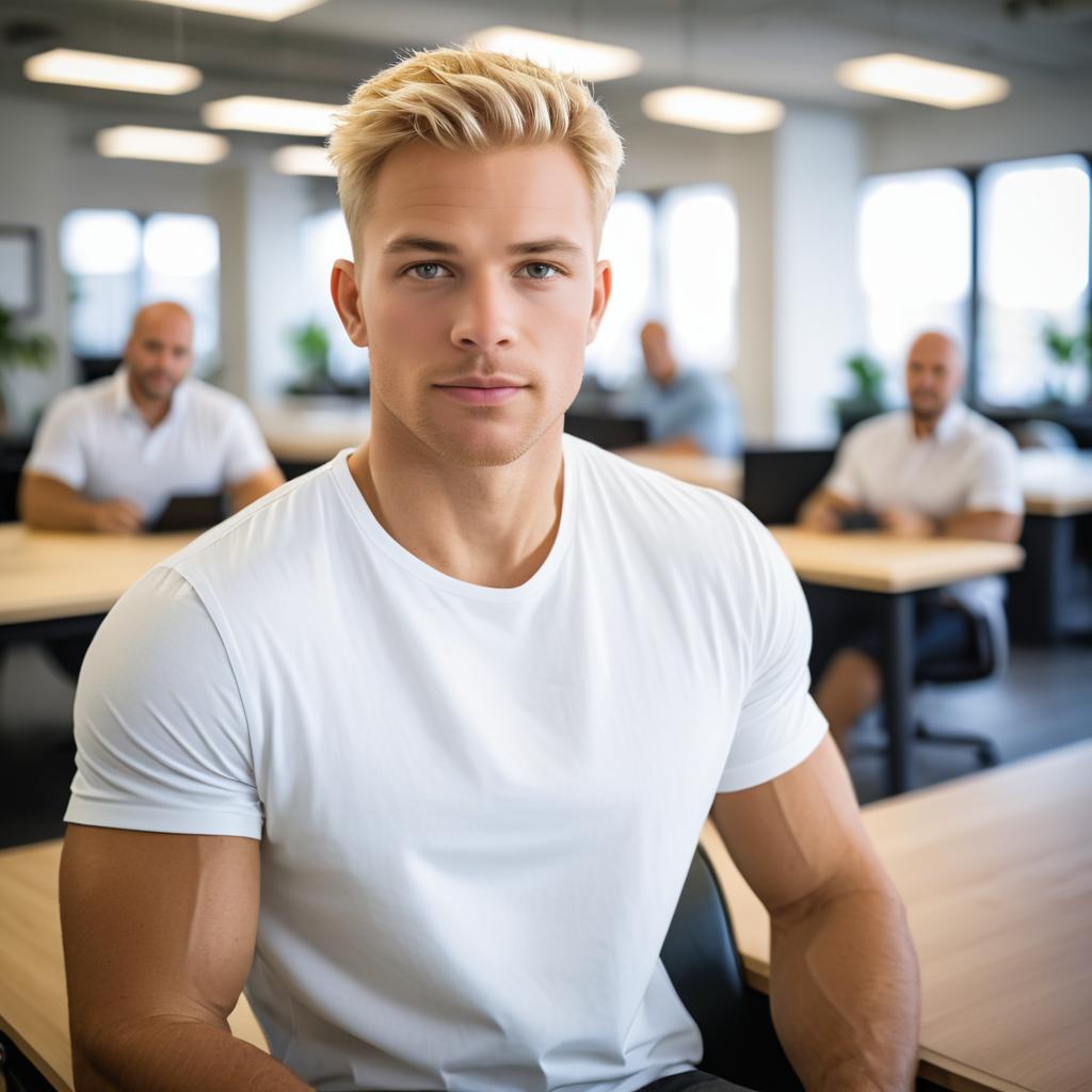 Athletic Man in Busy Office Environment