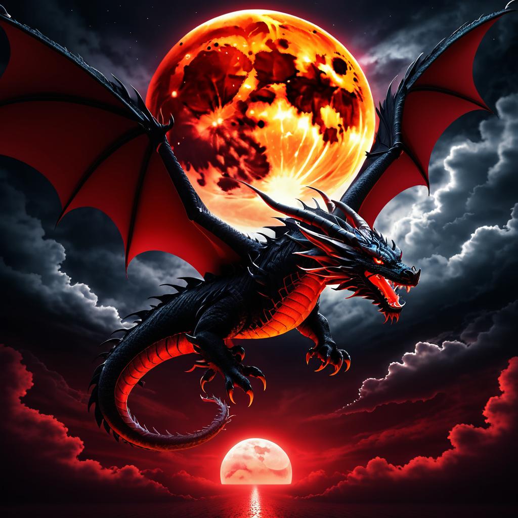 Dramatic Dragon Flight Towards Blood Moon