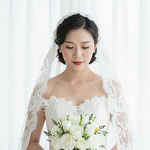 Photograph of an Asian bride with short black hair, red lipstick, white lace wedding dress, veil, and white rose bouquet, looking down.