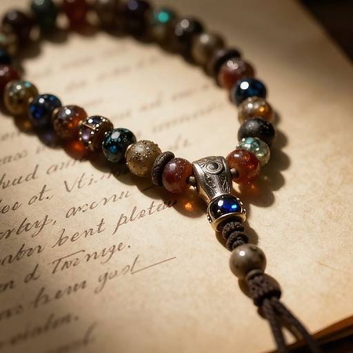 Photograph of a colorful beaded bracelet with metallic accents, resting on an illuminated, aged, handwritten manuscript page.
