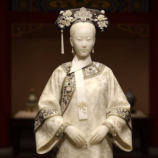 Photograph of a white, detailed Chinese porcelain statue of a serene woman in traditional embroidered silk robes with ornate headdress.