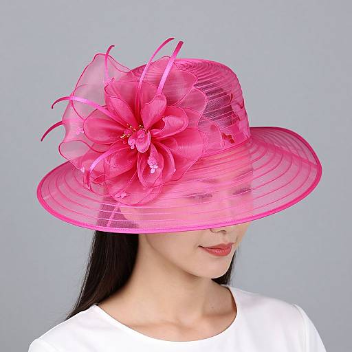 Photograph of an Asian woman with long black hair, wearing a bright pink, sheer hat adorned with a large, detailed flower, against a plain light