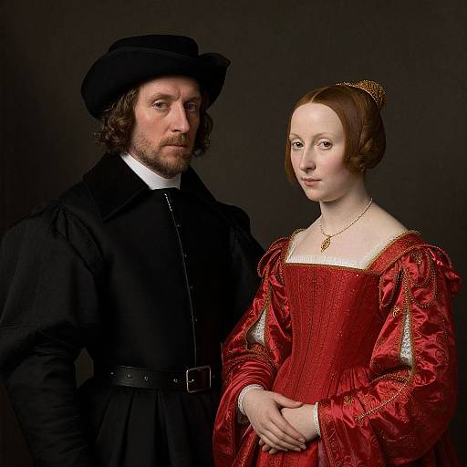 Renaissance portrait of a bearded man in black attire and a woman in a red, embroidered gown, both with serious expressions.