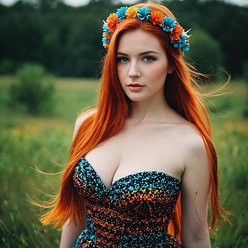 Red-haired Woman in Floral Dress with Flower Crown