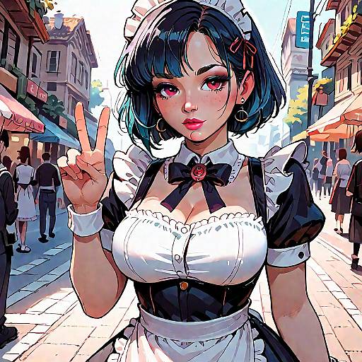 Anime Style Maid Showing V Sign on Street