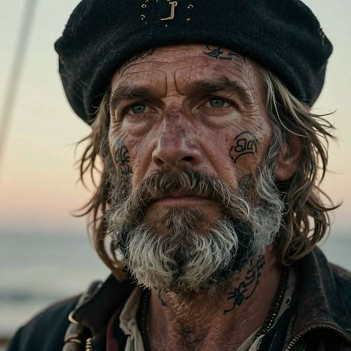 Close-up photograph of a rugged, bearded man with tattoos on his face and neck, wearing a black hat and weathered clothing, looking pensively