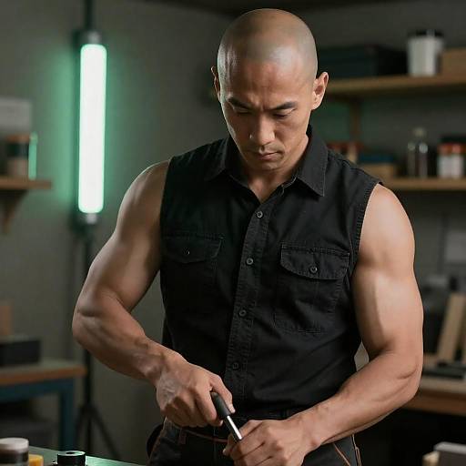 Bald Muscular Craftsman With Tool
