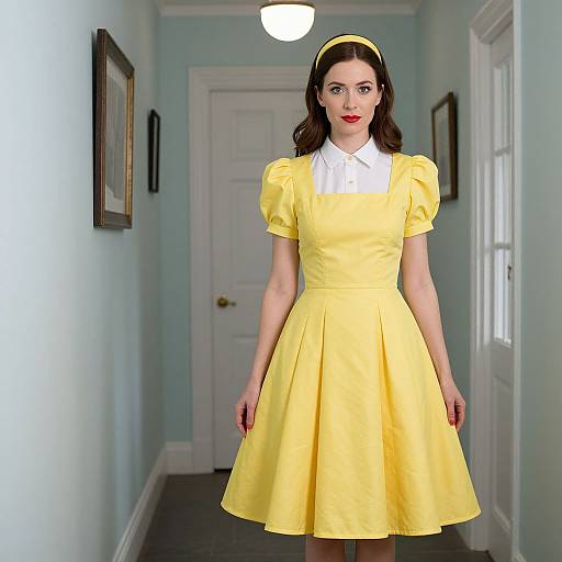 Photograph of a woman in a vintage yellow poodle dress with puffed sleeves, white collar, red lipstick, and a yellow headband, standing