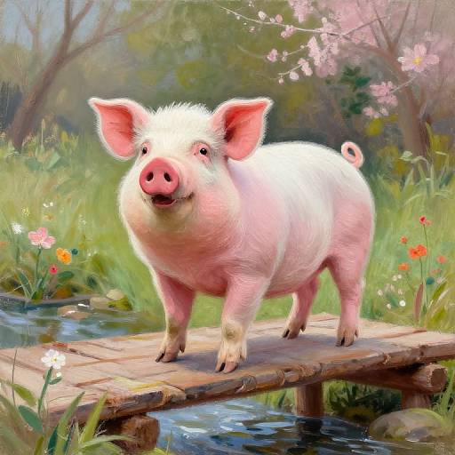 Digital painting of a pink, fluffy pig with large ears standing on a wooden bridge in a vibrant, flower-filled meadow.