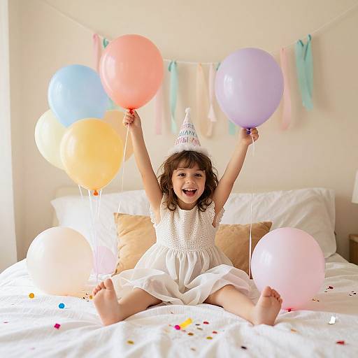 Photograph of a happy, curly-haired young girl in a white dress and birthday hat, sitting on a bed, holding colorful balloons, with confetti