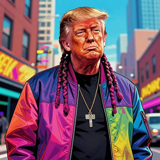 Photorealistic digital artwork of an older man with blond hair in braids, wearing a colorful jacket, black shirt, and cross necklace, standing on
