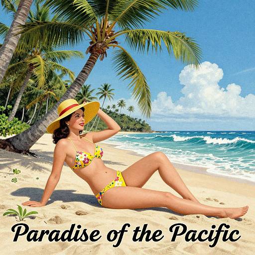 Photograph of a smiling woman in a yellow floral bikini and wide-brimmed hat, lounging on a tropical beach with palm trees and clear blue