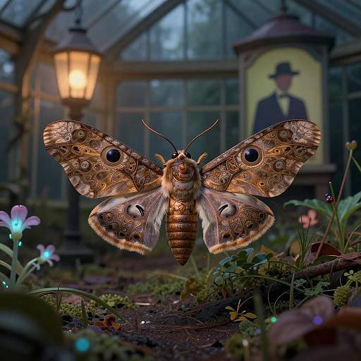Clockwork Moth in Bioluminescent Greenhouse