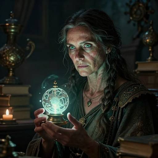 Photograph of an aged, green-eyed woman with long brown hair, holding a glowing, crystal orb in a dimly lit, rustic library with candles
