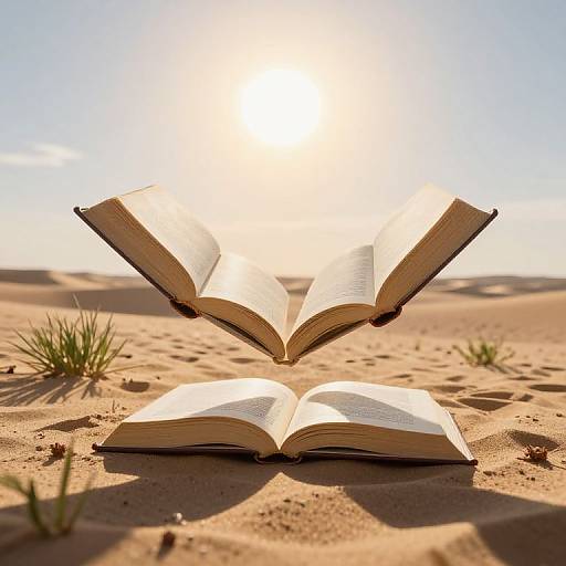 Floating Books Over Desert Landscape