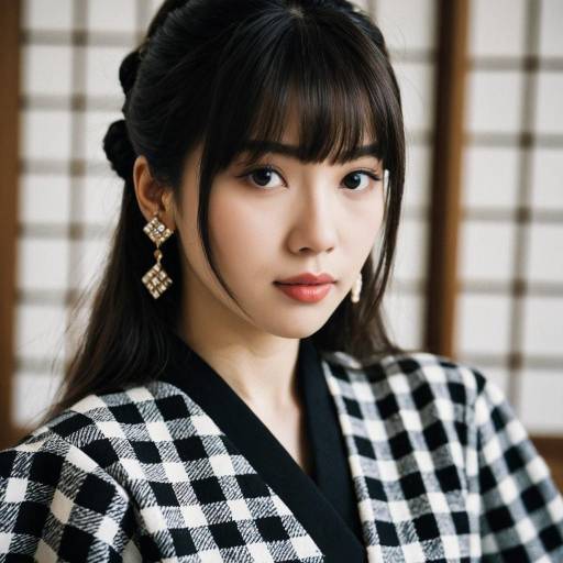 Young Woman in Checkered Japanese Kimono