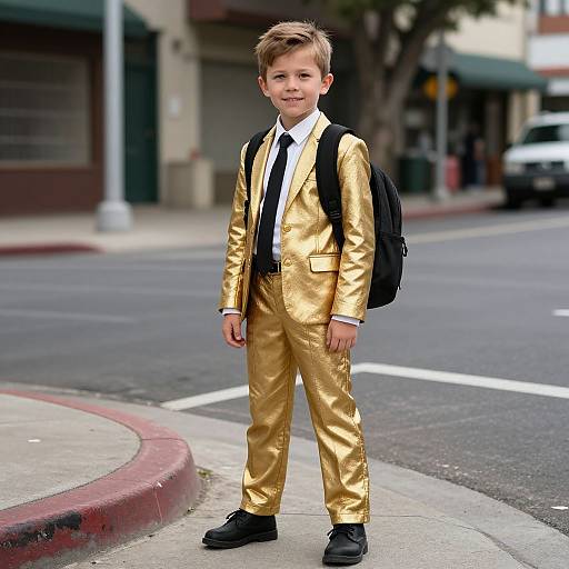 Boy in Gold Jacket on Street