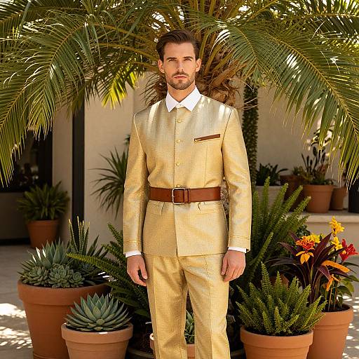 Photograph of a handsome man with light brown hair and beard, wearing a shiny gold suit with a brown belt, standing in front of lush tropical plants