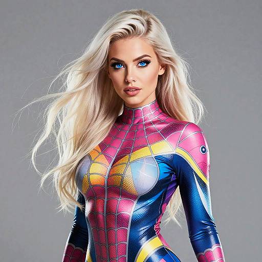 Photograph of a blonde woman with long hair wearing a shiny, colorful Spider-Man suit, featuring pink, blue, and yellow patterns, against a gray