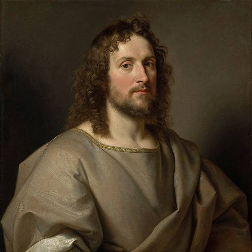Baroque-style oil painting of a young, curly-haired man with a beard, wearing a loose, brown, textured robe, set against a dark background