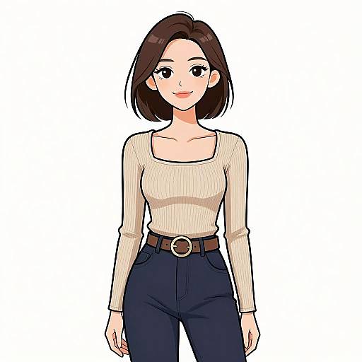Digital anime-style illustration of a smiling young woman with short brown hair, wearing a beige ribbed long-sleeve top and dark blue high-wa