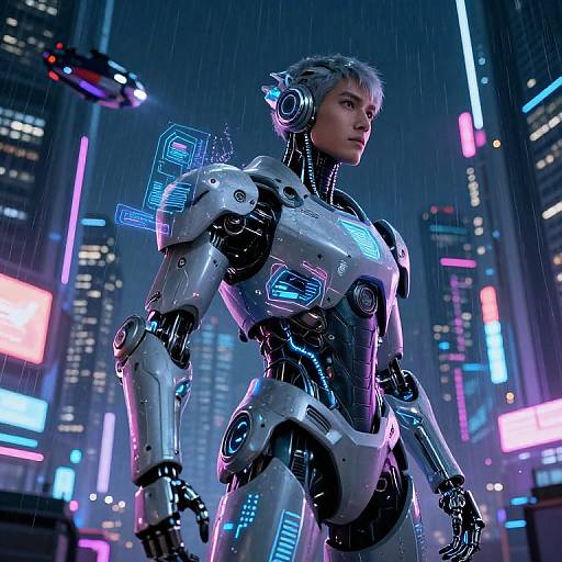Futuristic Cybernetic Character in Neon City