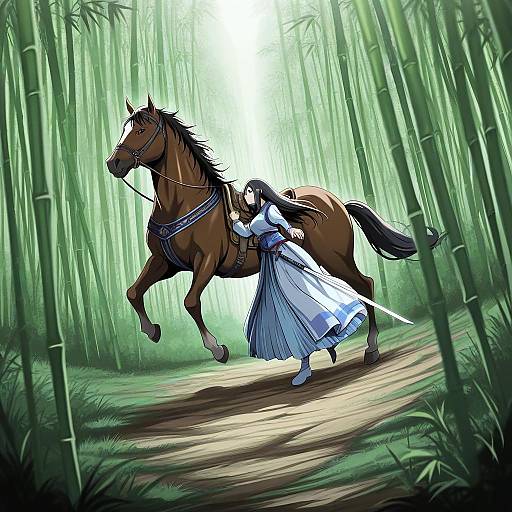 Warrior Woman and Horse in Bamboo Forest