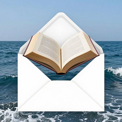 Photograph of an open book with yellowed pages floating above the ocean, partially obscured by a white, triangular, abstract shape. Clear blue sky and