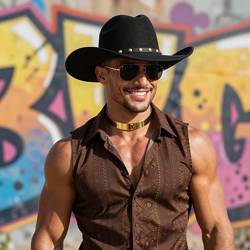 Smiling Muscular Man in Black Hat and Sunglasses