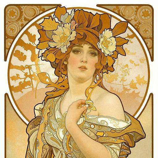 Digital art of a fair-skinned woman with flowing auburn hair, adorned with large yellow flowers, wearing an off-shoulder, gold-pattern