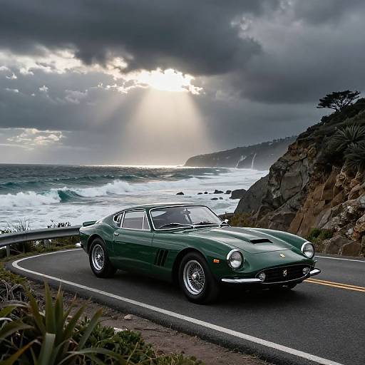 Classic Dark Green Ferrari on Coastal Cliff