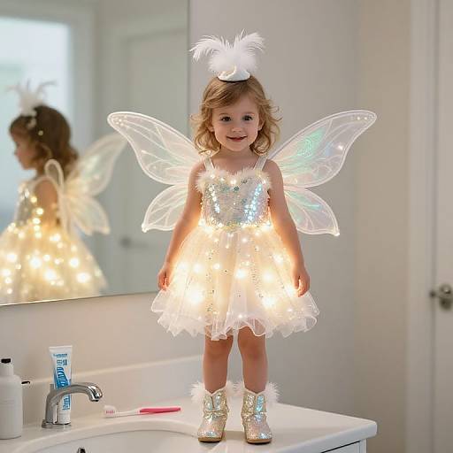 Photograph of a cute, blonde toddler in a sparkly fairy costume with translucent wings, standing on a bathroom sink, illuminated by fairy lights.