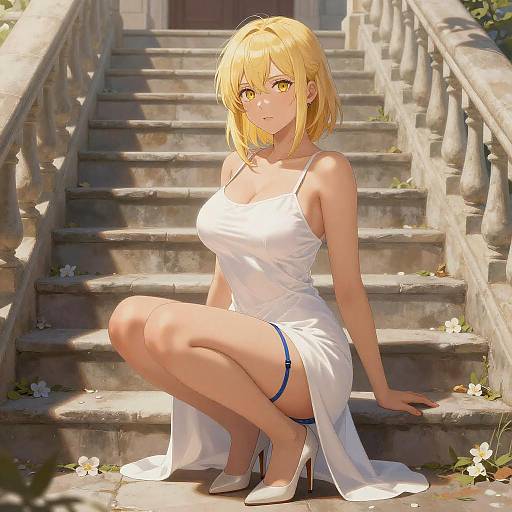 Blonde Anime Woman in White Dress on Stone Stairs