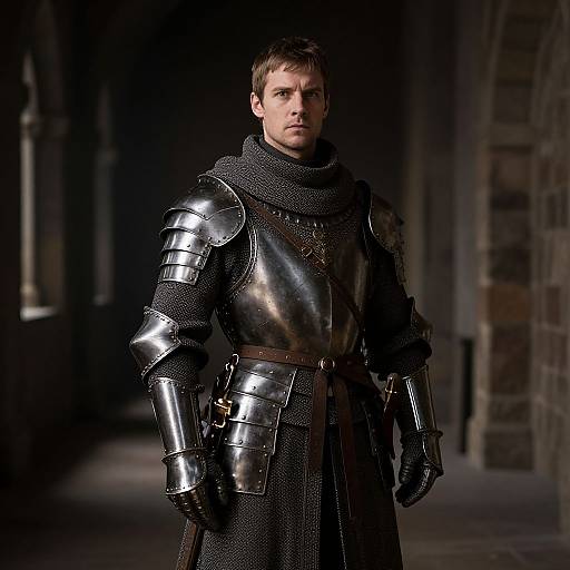Photorealistic CGI of a serious, fair-skinned man with short brown hair, wearing shiny medieval armor and chainmail, standing in a dimly