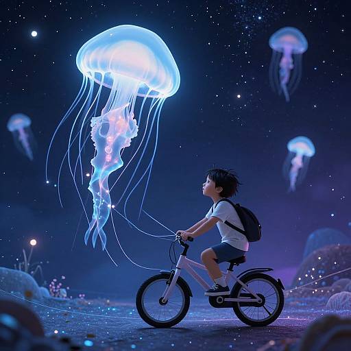 Photograph-style digital illustration of a boy riding a bicycle, reaching for a glowing blue jellyfish in a starry, underwater-like night scene with other