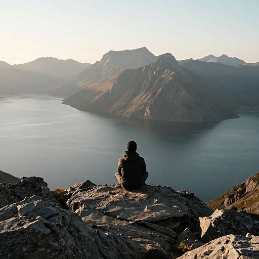 Photograph of a hiker in a dark jacket, sitting on rocky terrain, overlooking a serene, misty mountain lake at sunrise.