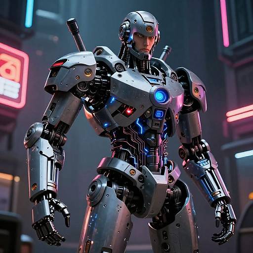 CGI image of a futuristic, silver robotic soldier with glowing blue and red lights, standing in a neon-lit, cyberpunk city.