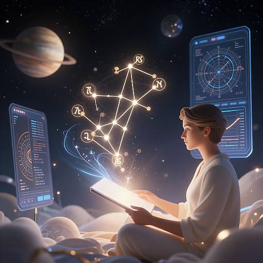 Digital illustration of a woman in a white robe, sitting on clouds, using a tablet, with star charts and planets in space, creating a glowing network