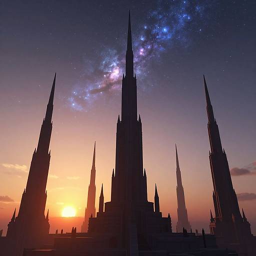 Silhouetted Gothic spires against a vibrant sunset, with a starry Milky Way galaxy in the night sky, creating a magical, otherworld