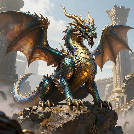 Digital artwork of a majestic, blue and gold-scaled dragon with large wings, standing on a rocky ruin in a sunlit, ruined castle background.