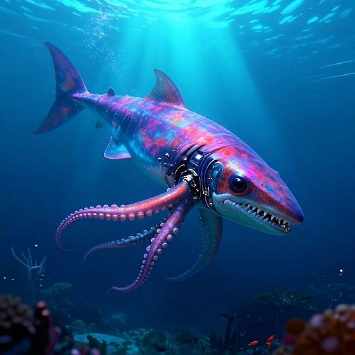 Photograph of a colorful, cybernetic shark with glowing eyes and tentacles, swimming underwater in a vibrant blue ocean scene.