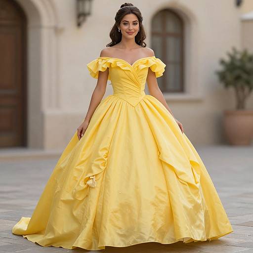 Photograph of a brunette woman in a vibrant yellow off-shoulder ball gown with ruffled sleeves, standing in a cobblestone courtyard with an