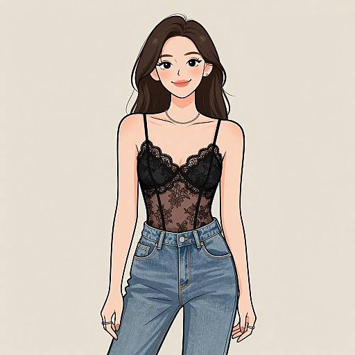 Digital illustration of a smiling Asian woman with long black hair, wearing a black lace camisole and high-waisted blue jeans.