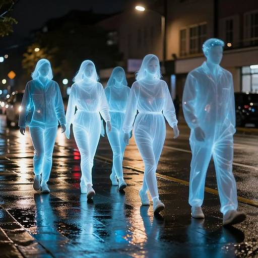 Ethereal Figures on Wet Urban Street