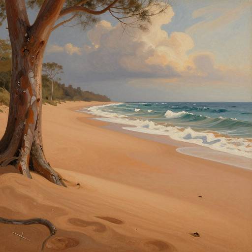 Painted landscape of a serene beach with vibrant orange sand, blue ocean waves, two large trees, and a cloudy sky.