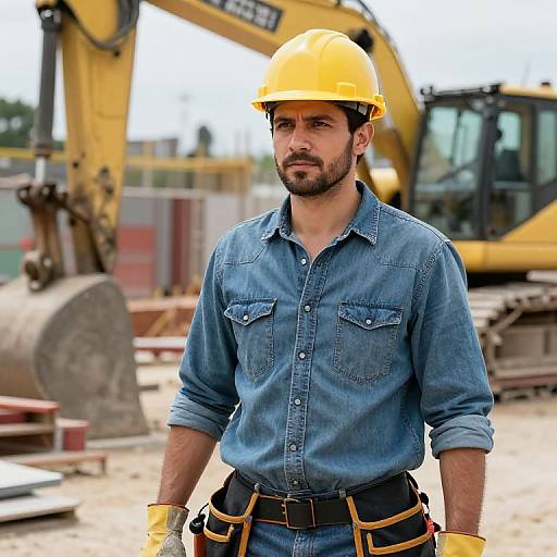 Photograph of a bearded male construction worker in a yellow hard hat, blue denim shirt, and safety gloves, standing in a construction site with a