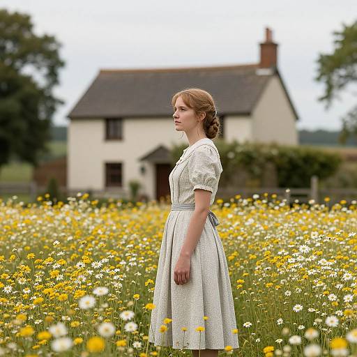 Vintage Woman Among Golden Daisies