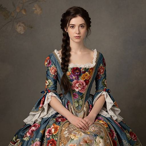 Digital portrait of a pale-skinned young woman with long, dark braided hair, wearing a vibrant, floral-embroidered, Renaissance-style dress