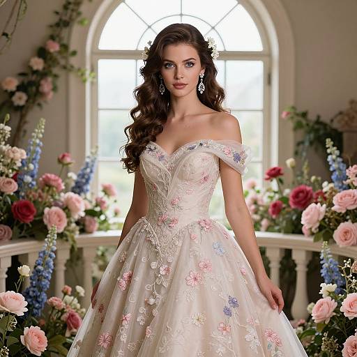 Photograph of a beautiful brunette woman with wavy hair in an off-shoulder, floral-embellished wedding gown, standing in a sun