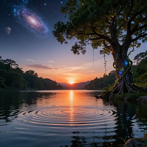 Photograph of a serene lake at sunset with a silhouetted tree adorned with lights, ripples in the water, and a vibrant, star